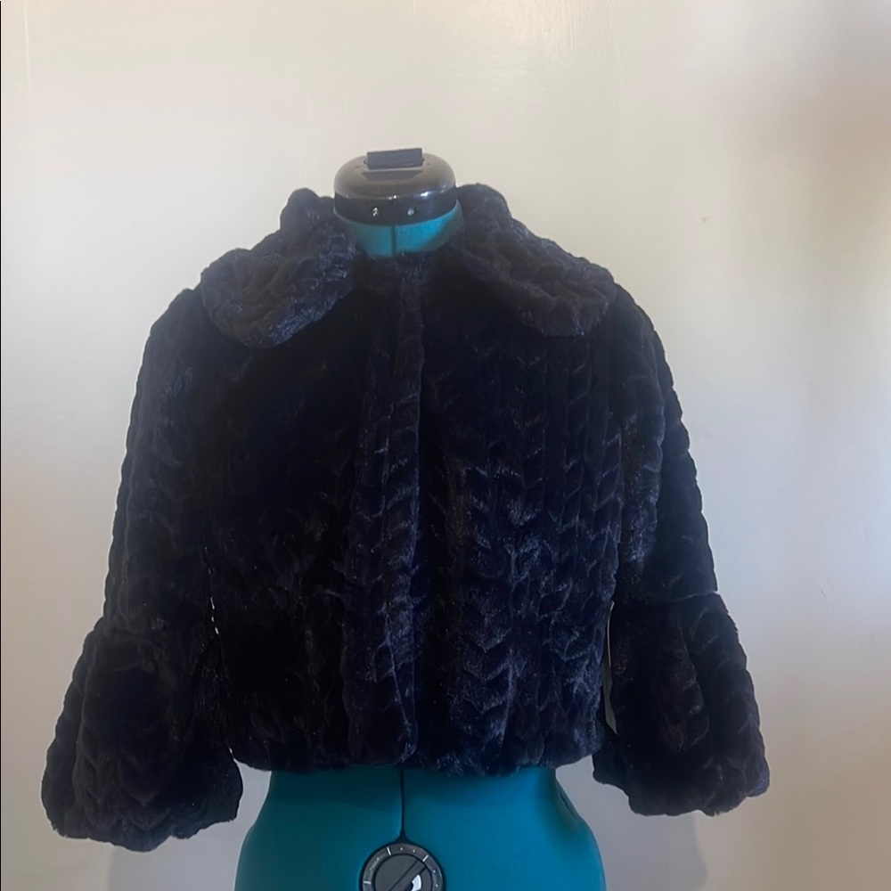 Tacera Black Teddy cropped Jacket with Plush Collar. Balero with bell sleeves